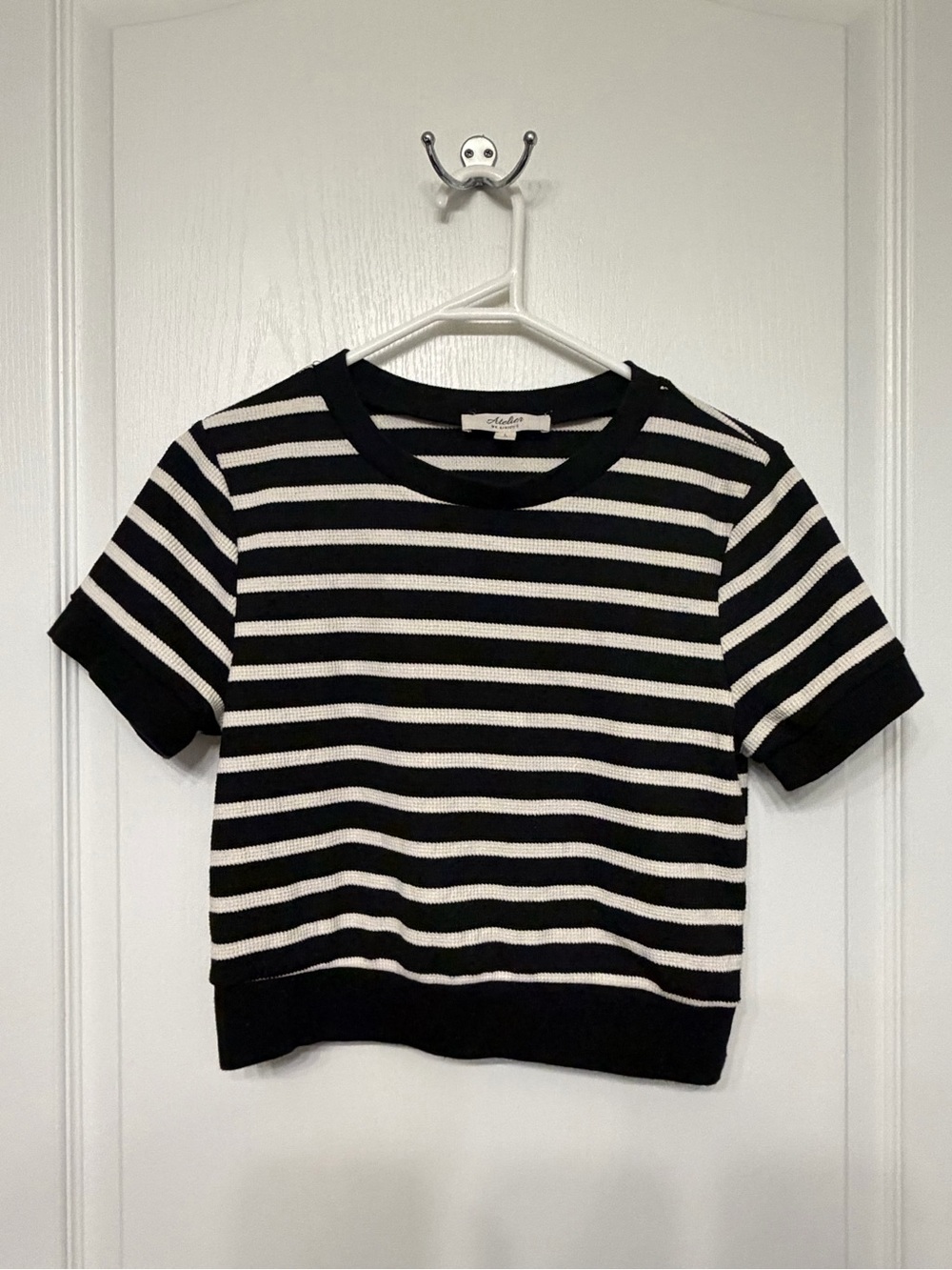 Atelier Black & White Striped Short Sleeve Top-Cropped-Size Large